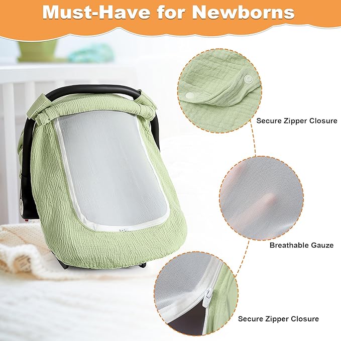 Muslin Cotton Car Seat Cover Baby, Universal Fit Carseat Cover for Baby, Infant Car Seat Cover with Mesh Peep Window, Baby Car Seat Cover for Carrier, Stroller, High Chair, Shopping Cart (Green)