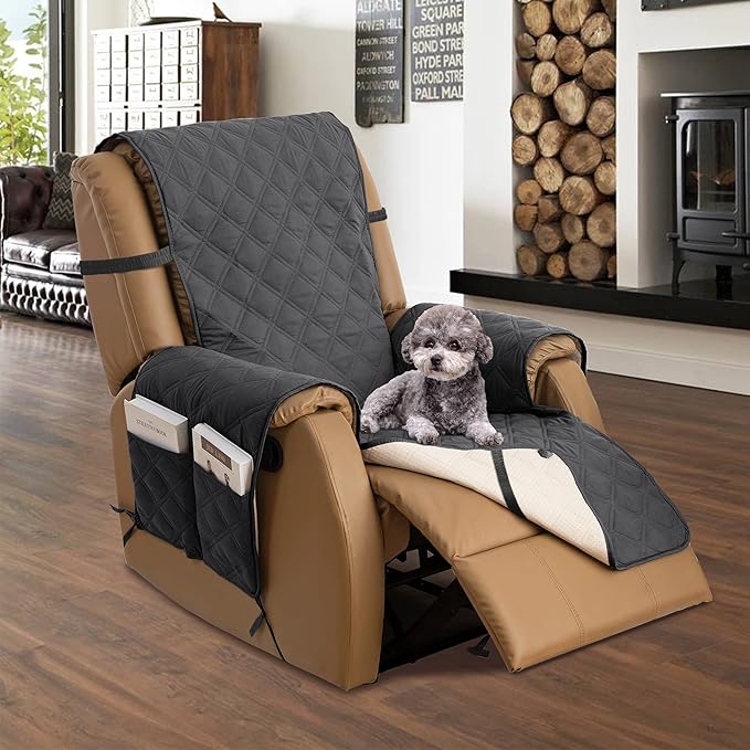 TOMORO Non-Slip Quilted Recliner Cover, 100% Waterproof Recliner Chair Slipcover Furniture Protector with Pockets, Washable Couch Cover with Elastic Straps for Kids and Pets,23 Inch