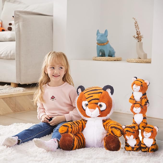 IKASA Mommy Tiger Stuffed Animal Mom and Baby Plush Toy,Cute 11” Soft Small Fluffy Mama Tiger Family Set Cuddly Huggable Toy with Little Mini Babies