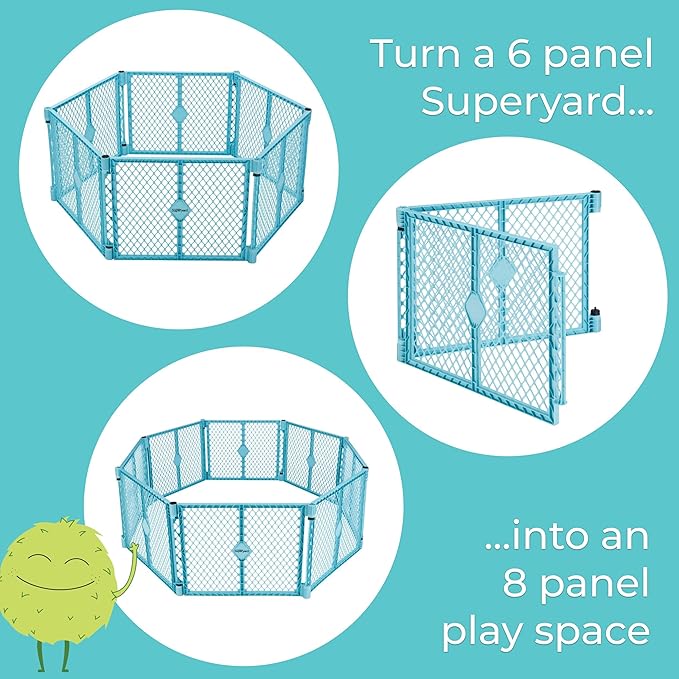 Toddleroo by North States Superyard 6 Panel Free Standing Play Yard, Indoor or Outdoor Baby Playpen, Baby Gate. Made in USA. 5.5 feet Corner to Corner Play Pen (26" Tall, Aqua)