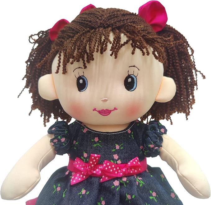 Linzy Plush 16" Libby Soft Plush Rag Doll with Navy Blue Dress and Printed Magenta Roses, Rag Doll for Girls (93864-2),L-93864-2