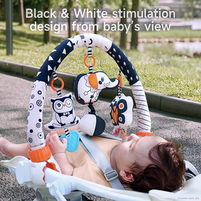 TUMAMA Car Seat Toys for Babies 0-6 Months, Stroller Toys for Infant 0-6 Months, Newborn Sensory Hanging Rattle Arch Toy with Butterfly Elephant Owls,Musical Toy for Baby 6-12 Months