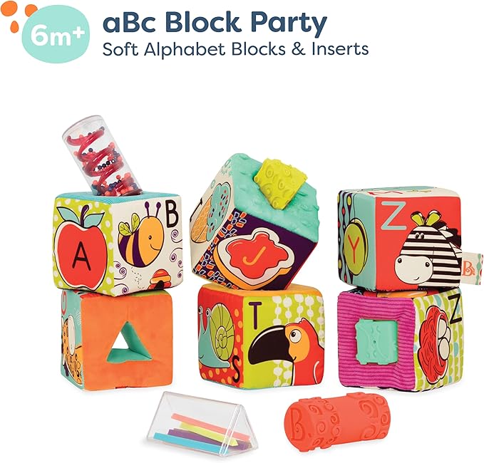 B. Toys Soft Fabric Building Blocks for Toddlers - Educational Alphabet Blocks with Textured Shapes - Stack & Play ABC Blocks for 6 Months+