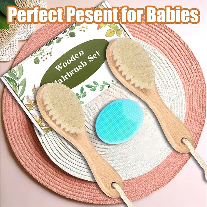 Wooden Baby Hair Brush and Comb Set, 2Pcs Natural Soft Goat Bristles Brush with Baby Shower Scrubber Perfect Scalp Grooming Product for Newborn, Toddler, Infant (Green)