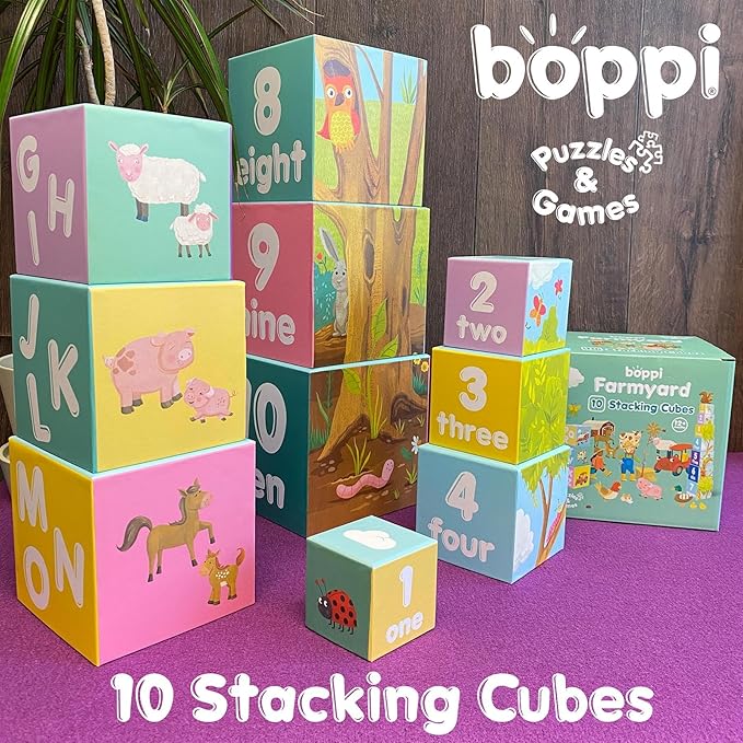 Baby Stacking Blocks Farmyard Animal Toys with Letters and Numbers, Montessori Cubes for Toddlers