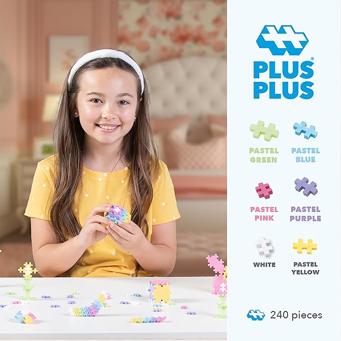 PLUS PLUS 240 Piece Interlocking Building Blocks for Kids, Open Ended Connecting Toys, STEM Bin Classroom Mini Manipulatives - Pastel Mix Play Tube