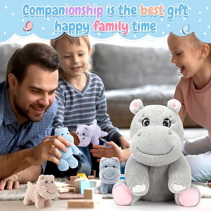 HyDren 5 Pieces Hippo Plush Toys Set Mom Hippo Stuffed 4 Baby