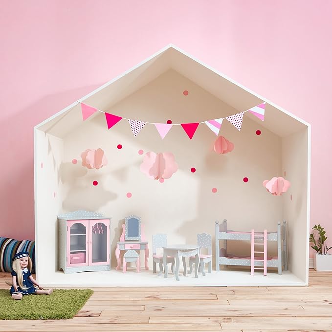 Olivia's Little World Polka Dot Princess Wooden Shaker-Style Double Closet for 18" Doll Wardrobes with Windowed Doors, Three Shelves