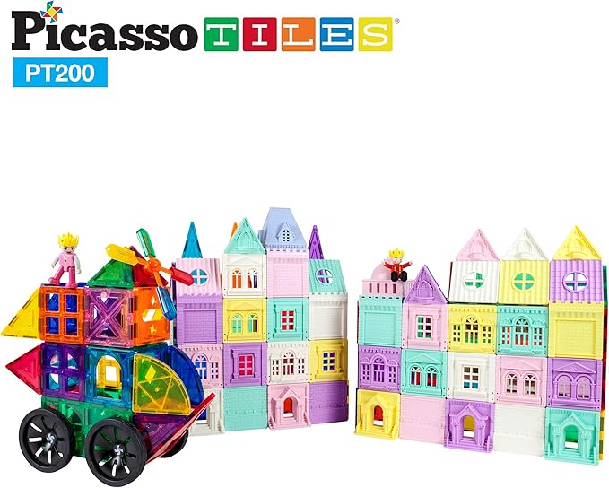 PicassoTiles 200 PCs Magnetic Tiles Castle Theme with 2 Figures 3+