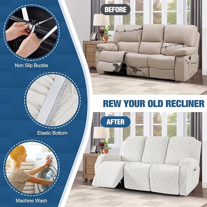 TAOCOCO Recliner Sofa Covers Stretch Reclining Couch Cover, Jacquard Recliner Couch Cover for 3 Seat Furniture Protector Sofa Slipcovers with Elastic Bottom for Kids, Pets (Cream White)