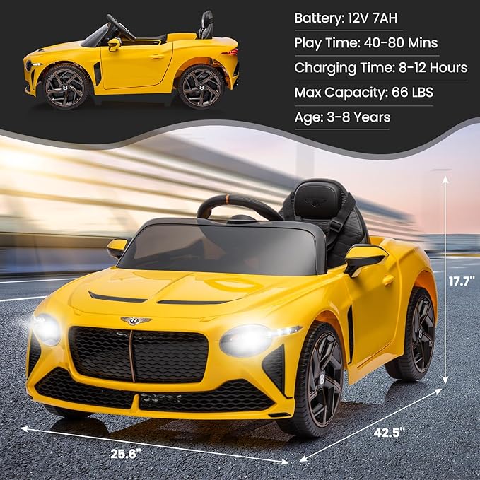Hetoy 12V Kids Ride On Car, Licensed Bentley Bacalar Electric Vehicles w/Parent Remote Control 3 Speeds,