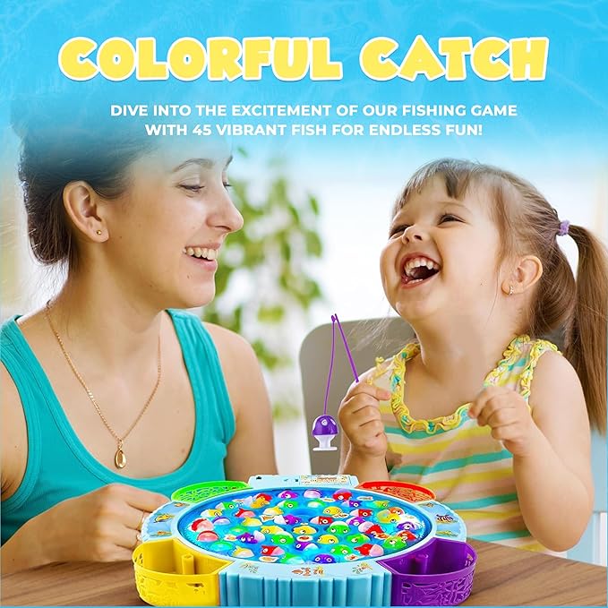 IPIDIPI TOYS Fishing Game for Kids, Light Up Magnetic Fishing Game for Toddlers - 45 Fish 8 Poles