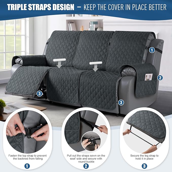 TAOCOCO 100% Waterproof Recliner Covers, Recliner Sofa Covers with Leg Straps, Reversible Recliner Couch Cover for Reclining Chair, Washable Couch Protector for Pets Kids(3 Seater, Dark Gray)