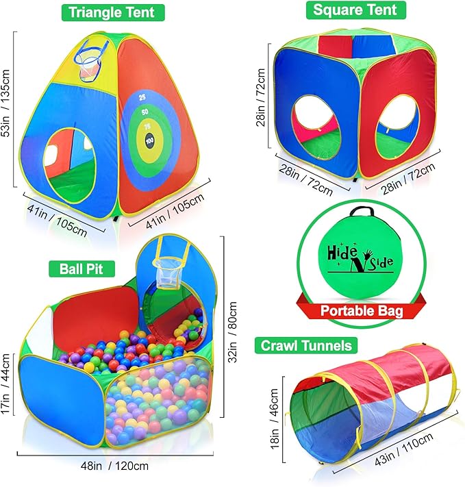 Hide N Side 5pc Kids Ball Pit Tents and Tunnels, Toddler Jungle Gym Play Tent with Play Crawl Tunnel Toy 4 Dart