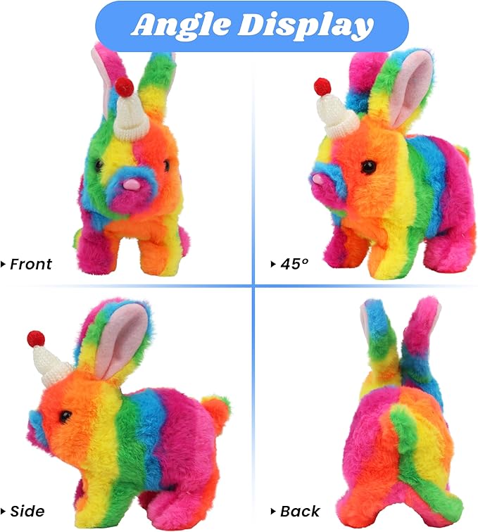 Hopearl Hopping Rabbit with Hat Interactive Electronic Pet Plush Bunny Toy with Sounds and Movements Animated Walking Wiggle Ears Twitch Nose Gift for Toddlers Birthday, Rainbow 7''
