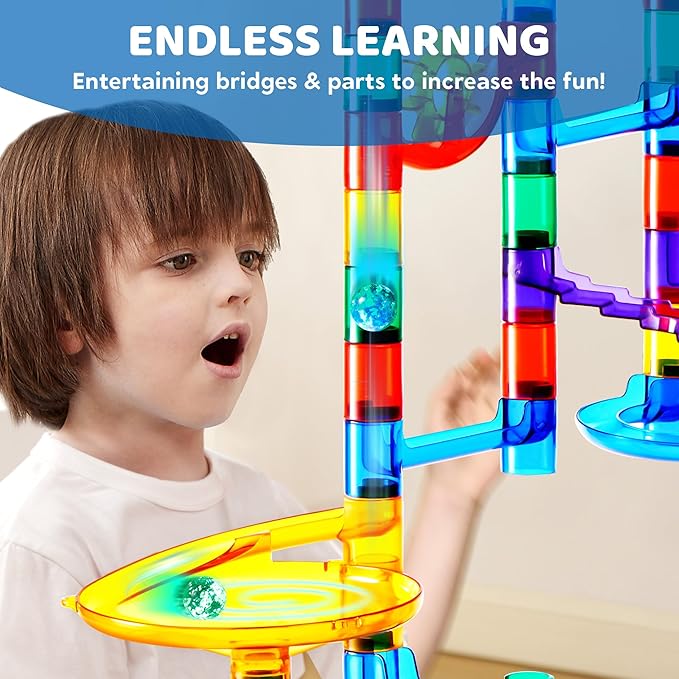 JOYIN 207Pcs Glowing Marble Run, Construction Building Blocks Toys with 5 Glow in The Dark Glass Marbles, STEM Toy for Boys and Girls, Educational Toy(147 Plastic Pieces + 60 Glass Marbles)