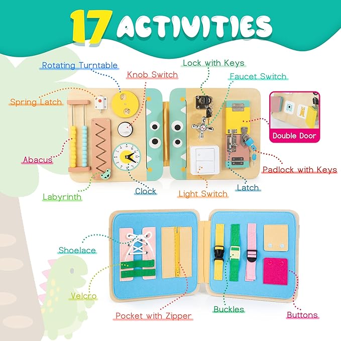 HELLOWOOD 17 for 1 Wooden Busy Board for Kids, Montessori Toys for 2 3 4 Years Old 2-4, Fine