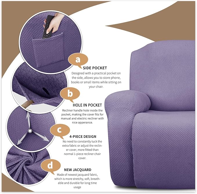 JIVINER 4-Piece Recliner Chair Covers Stretch Jacquard Covers for Recliner Chair Recliner Slipcovers for Living Room Soft Recliner Protector with Pocket (Recliner, Light Purple)