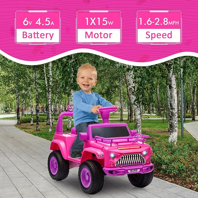 Hetoy 6V Ride On Car for Toddlers - Battery Powered Electric Car for Kids with Music, LED Light 4 Wheels 3-6 Years,