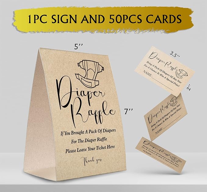 Kraft Paper Diaper Raffle Sign,Diaper Raffle Baby Shower Game Kit (1 Standing Sign + 50 Guessing Cards) Diapers-NPZ18
