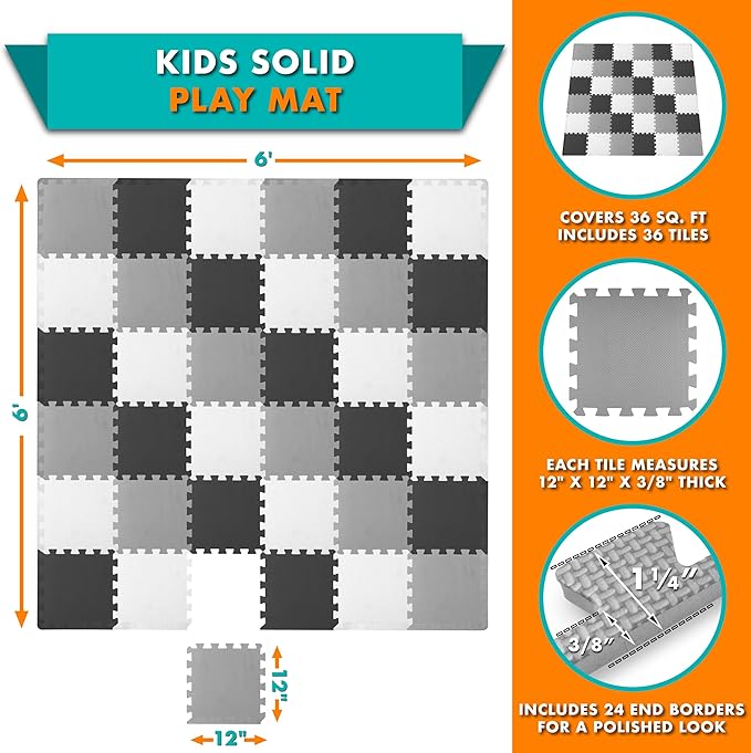 ProSource Foam Puzzle Floor Play Mat for Kids and Babies with Solid Colors, 36 or 16 Interlocking Tiles with Borders
