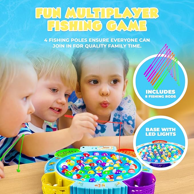 IPIDIPI TOYS Fishing Game for Kids, Light Up Magnetic Fishing Game for Toddlers - 45 Fish 8 Poles