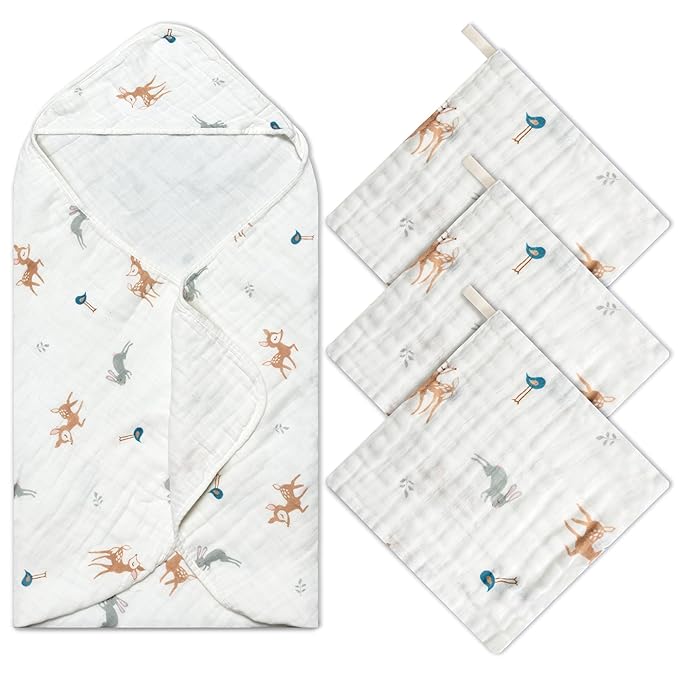 Zainpe 4Pcs Muslin Baby Hooded Towel & Washcloth Set Deer 31.5 x 31.5 in