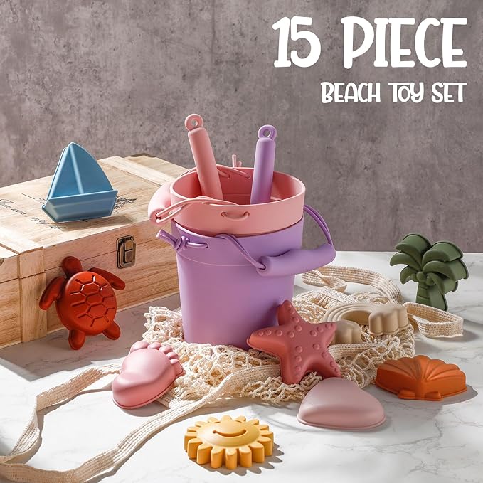 Hungdao 14 Pcs Silicone Beach Toys Travel Beach Set Sand Toys Include 2 Silicone Bucket Pail, 2 Shovel 9 Sand 1 Beach