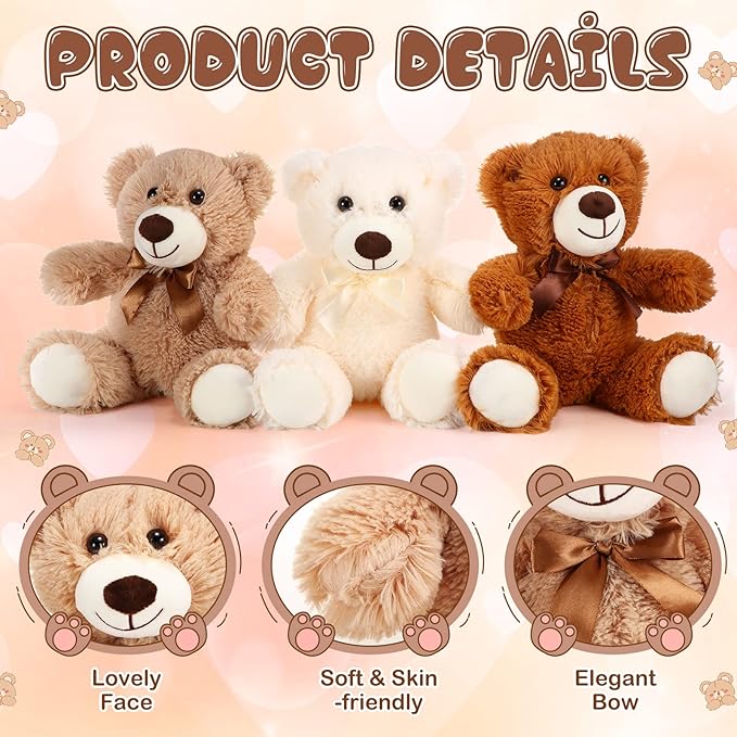 HyDren 6 Pcs Bears Bulk Stuffed Animal Small Bears Baby Shower Bears Plush Toys Employee Appreciation Easter Graduation Gifts(White, Brown