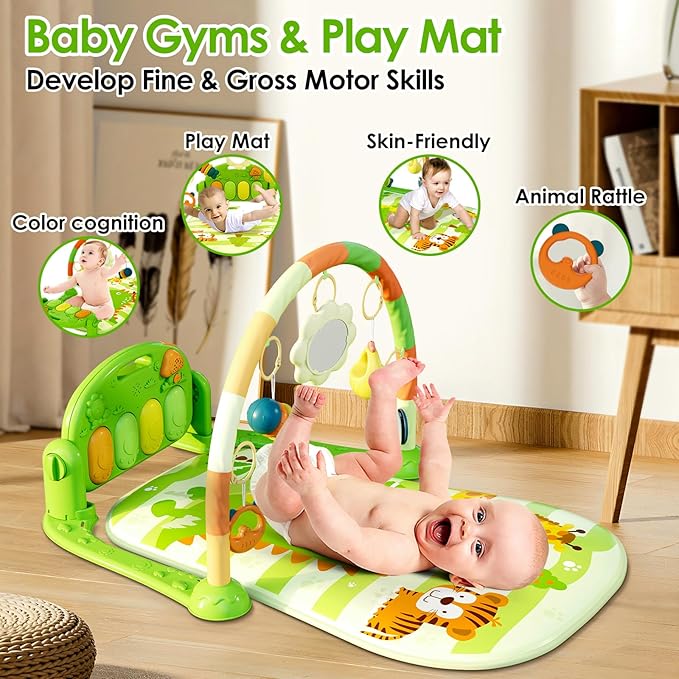 dearlomum Baby Play Mat Baby Gym,Funny Play Piano Tummy Time Baby Activity Mat with 5 Infant Sensory Baby Toys 0 to 3 6 9 12