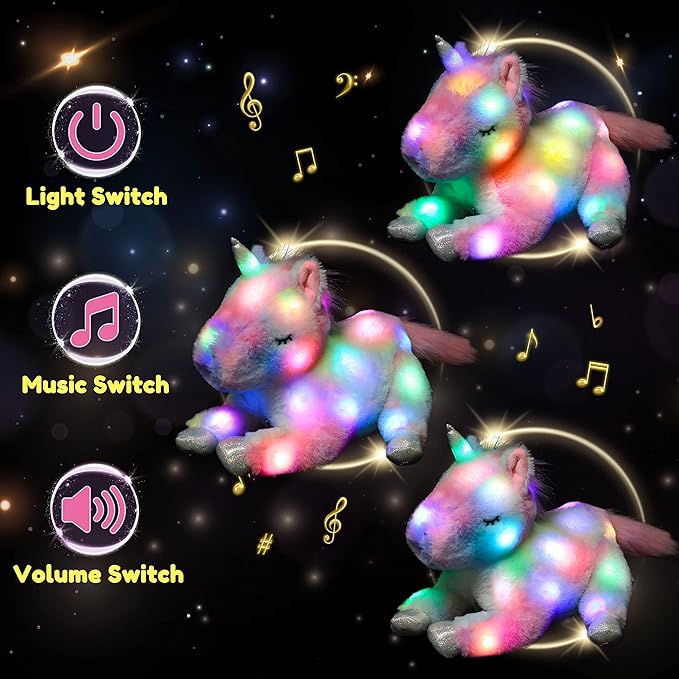 Hopearl LED Musical Stuffed Unicorn Playset Lighting Up Singing Plush Toy Mommy Unicorn with 3 Baby Unicorns in her Tummy Lullaby Animated Soothe for Mom Toddlers Girls, Rainbow 19''