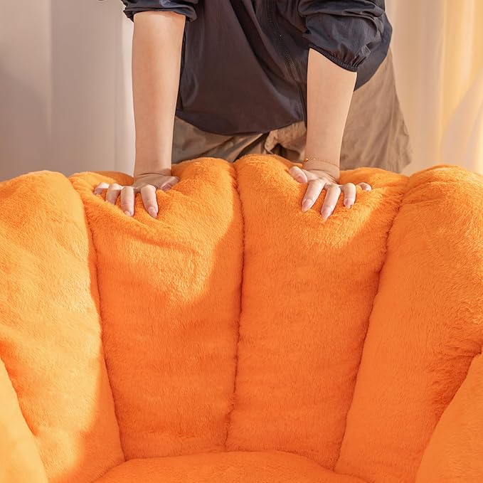 Giant Bean Bag Chair with Foot Pedals, Oversized Bean Bag Couch for Adults and Kids, Faux Fur Shell-Shaped Large Bean Bag Chair with Filler, Pumpkin Shape Sofa Chair Floor Sofa for Reading (Orange)