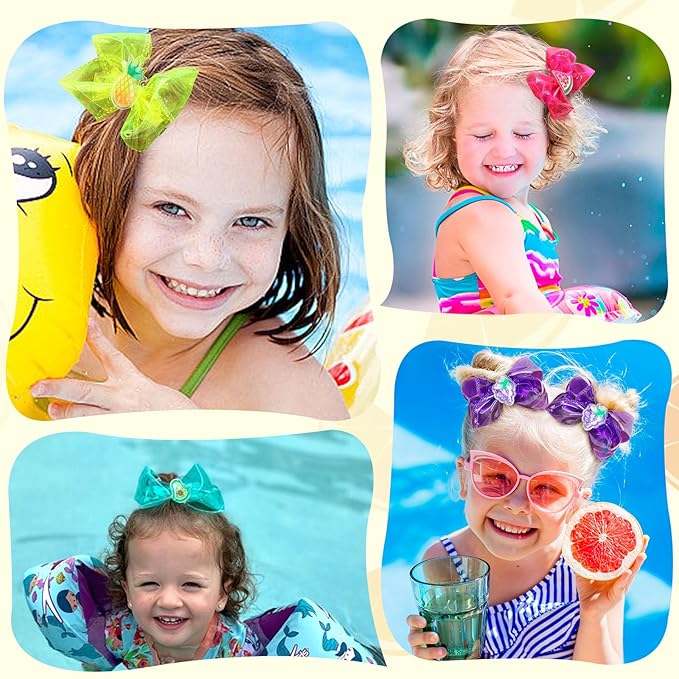 Waterproof Jelly Hair Bows, Multi-colored PVC Summer Swim Pool Bow Clips Transparent Hair Accessories for Girls Toddler Infants Kids Teens Children (Fruit Jelly Bow 4inch)