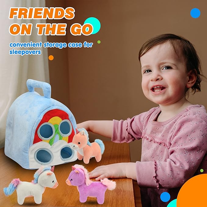 Hopearl Unicorn Plush Rainbow Bag with 4 Baby Unicorns Stuffed Animals Play Set Toy House with Handle Plush Toy Set Gifts for Girls Toddlers Age 3, 4 5, 6, 7, 8 11''