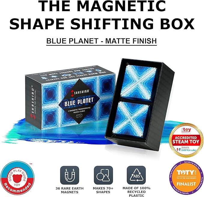 SHASHIBO Shape Shifting Box - Award-Winning, Patented Fidget Cube w/ 36 Rare Earth Magnets 70 Shapes, 2 pack)