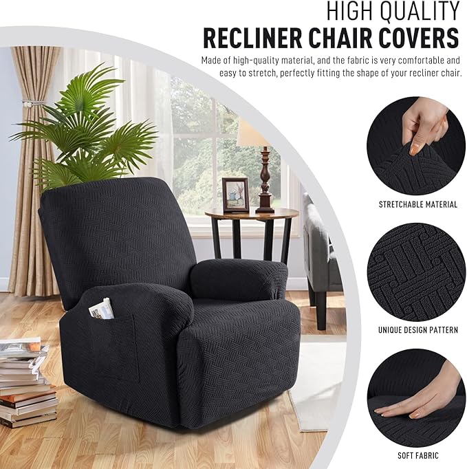 KinCam Recliner Covers, Stretch Reclining Chair Covers, Recliner Sofa Slipcovers Stripe Jacquard Recliner Couch Covers Furniture Protector Covers for Pet Kid (1 XL Seater, Black)