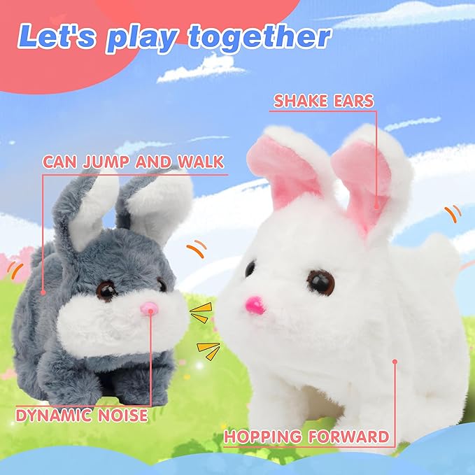 Hopearl Hopping Chubby Rabbit Interactive Electronic Pet Plush Bunny Toy with Sounds and Movements Animated Walking Wiggle Ears Twitch Nose Gift for Toddlers Birthday, Gray 7''