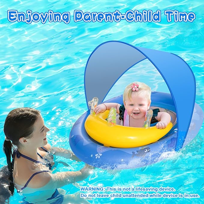 HYRIXDIRECT Baby Pool Float with Canopy Removable UPF 50+ UV Protection, 6-36 Months Babies Pool Floats Kids with Ocean Animal Toys and Adjustable Safety Seat for Beach