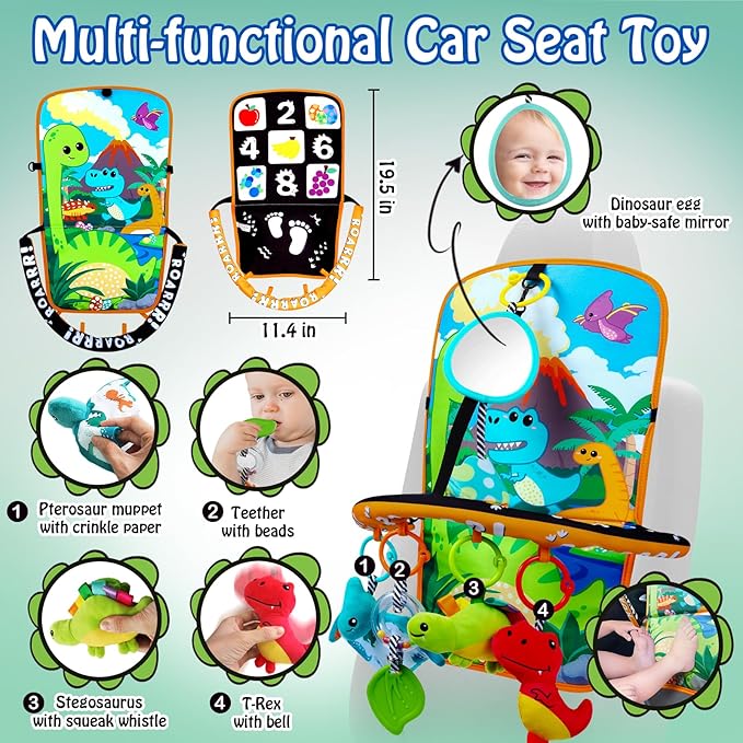 Baby Car Seat Dinosaurs Toys - Kick and Play Double Sided Infant Car Seat Toys with Plush Toys, Mirror, Teether for Baby, Baby Travel Activities, Christmas Birthday Gifts Newborn Infant Toys