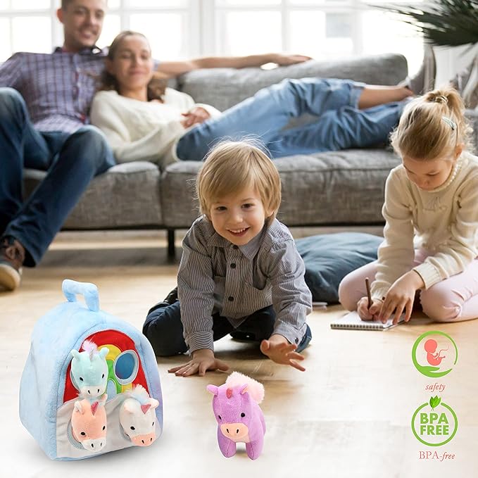 Hopearl Unicorn Plush Rainbow Bag with 4 Baby Unicorns Stuffed Animals Play Set Toy House with Handle Plush Toy Set Gifts for Girls Toddlers Age 3, 4 5, 6, 7, 8 11''