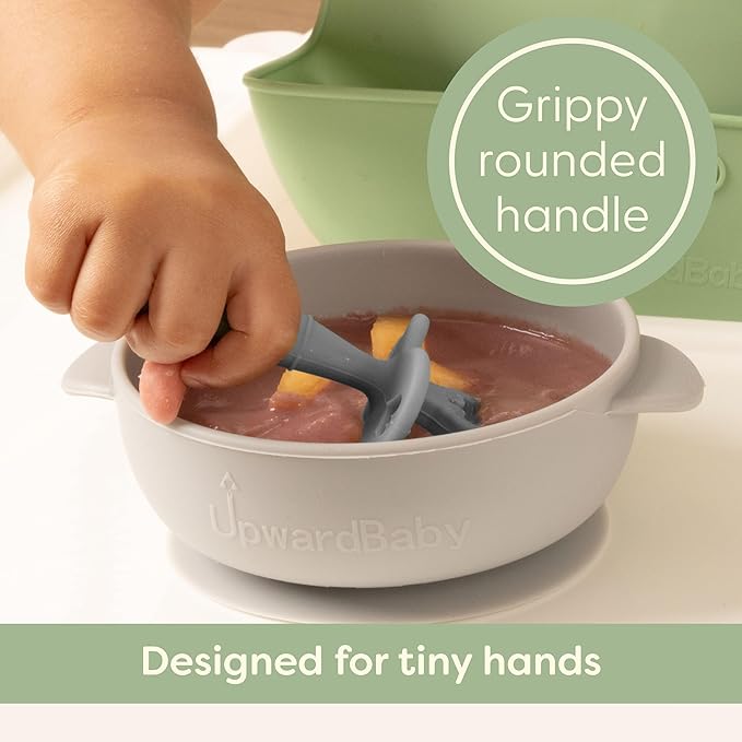 Upward Baby Spoons Self Feeding 6+ Months - 3 Pack, Chewable Toddler Utensils with Anti Choke Barrier, Baby Feeding Essentials, Baby Spoons 4 months, Silicone Baby Spoons, Red White Blue