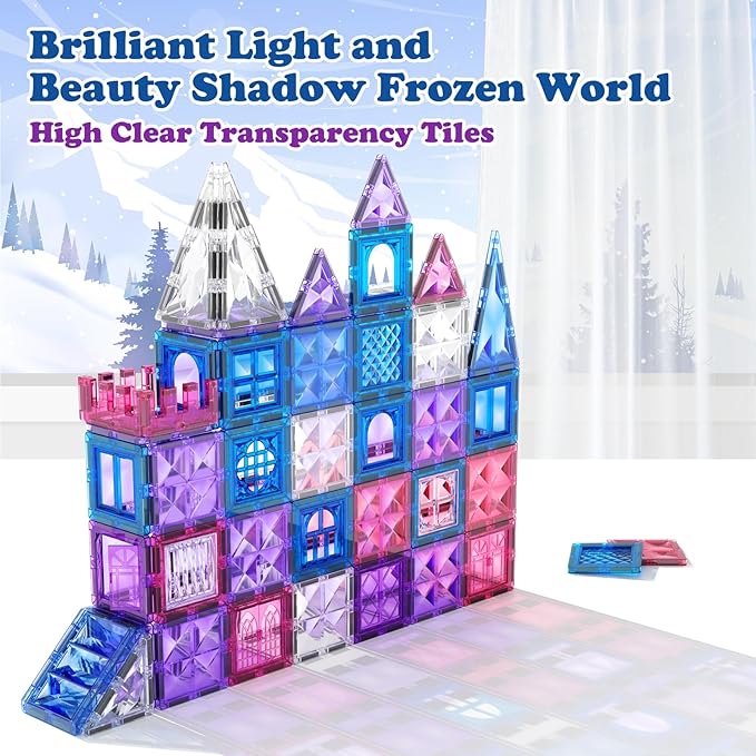 Magnetic Tiles Frozen Toys, Ice World Dimond Princess Castle 60Pcs Magnet Tile Building Blocks for Toddler Age 1-3,3-5, Pretend STEM Learning, for Kid Girls Boys 3 4 5 6