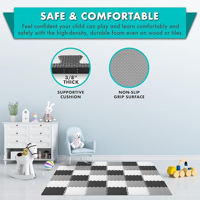 ProSource Foam Puzzle Floor Play Mat for Kids and Babies with Solid Colors, 36 or 16 Interlocking Tiles with Borders