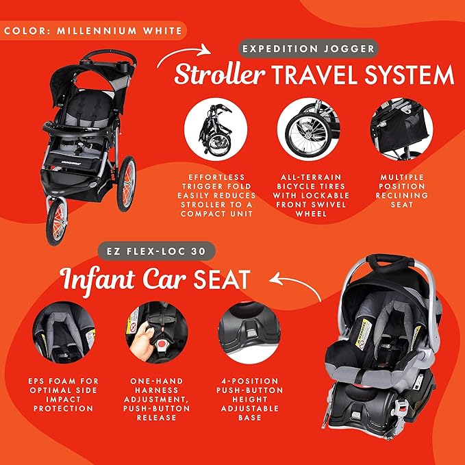 Baby Trend Expedition® Jogger Travel System with EZ Flex-Loc® Infant Car Seat, Millenium White