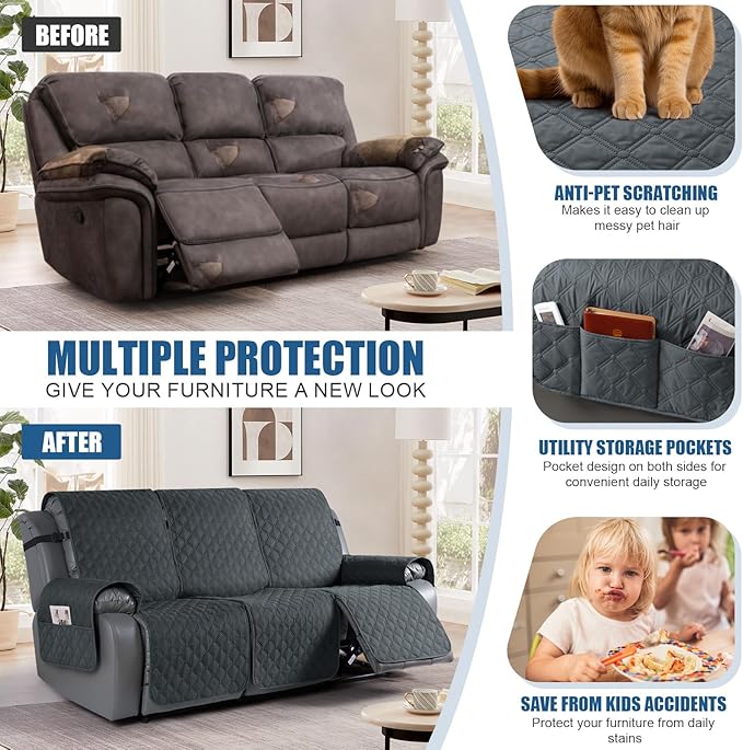 TAOCOCO 100% Waterproof Recliner Covers, Recliner Sofa Covers with Leg Straps, Reversible Recliner Couch Cover for Reclining Chair, Washable Couch Protector for Pets Kids(3 Seater, Dark Gray)