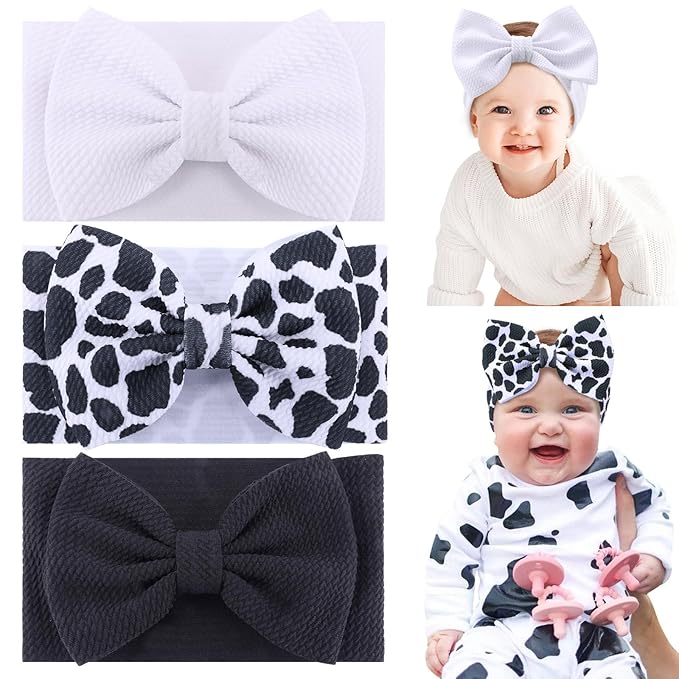 Cow Baby Bows, 3pcs Western Cowgirl Elastic Nylon Headbands for Baby Girls