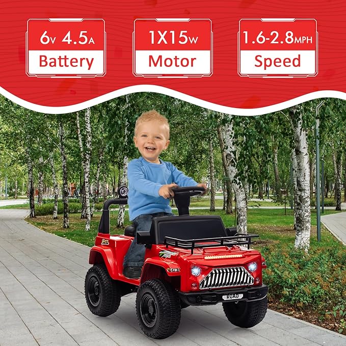 Hetoy 6V Ride On Car for Toddlers - Battery Powered Electric Car for Kids with Music, LED Light 4 Wheels 3-6 Years,