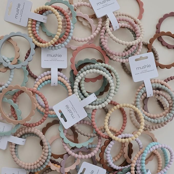 mushie Pearl Teether Bracelet | 3-Pack (Linen/Peony/Pale Pink)