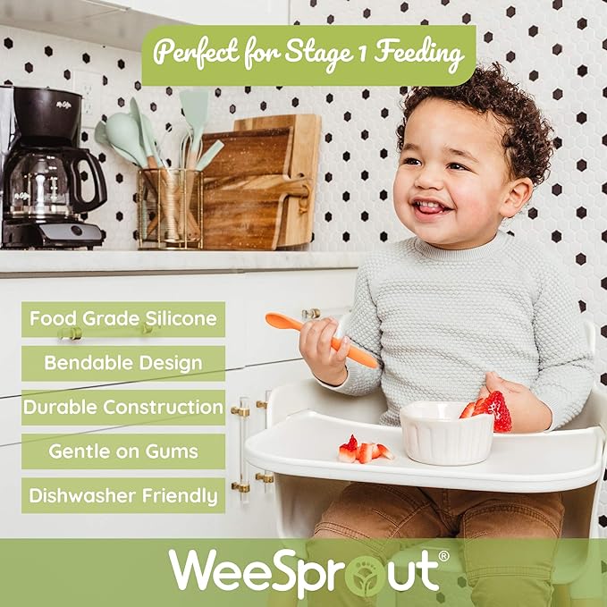 WeeSprout Silicone Baby Spoons - First Stage Infant Feeding Utensils With Soft-Tip, Bendable Kitchenware for Parent & Self-Feeding, Ultra-Durable, Dishwasher Safe, Travel Case, Set of 3
