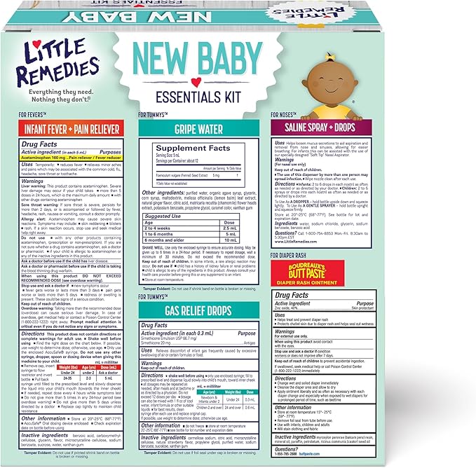 Little Remedies, New Baby Essentials Kit, 6 Newborn Essentials, Saline Nasal Spray, Gas Relief Drops, Gripe Water, Fever Reliever, & Diaper Ointment